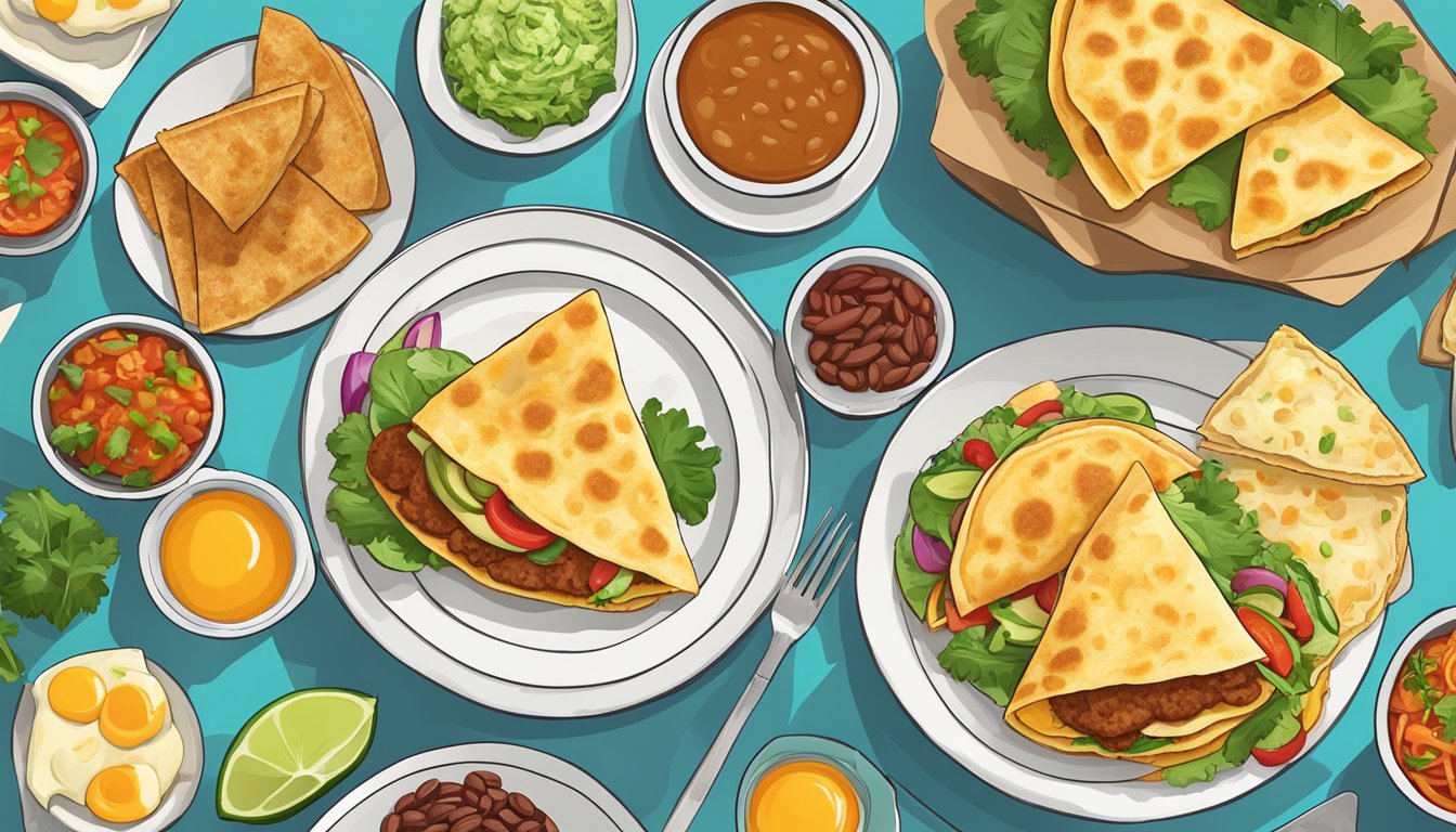 A colorful array of vegetarian breakfast items, such as hash browns, bean burritos, and eggless breakfast quesadillas, arranged on a vibrant table setting