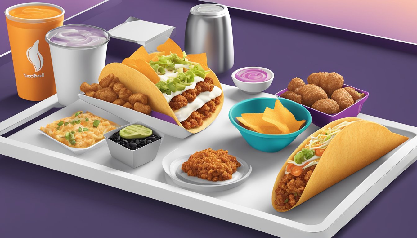 A futuristic Taco Bell breakfast menu with innovative and trend-setting items displayed on a sleek, modern serving tray