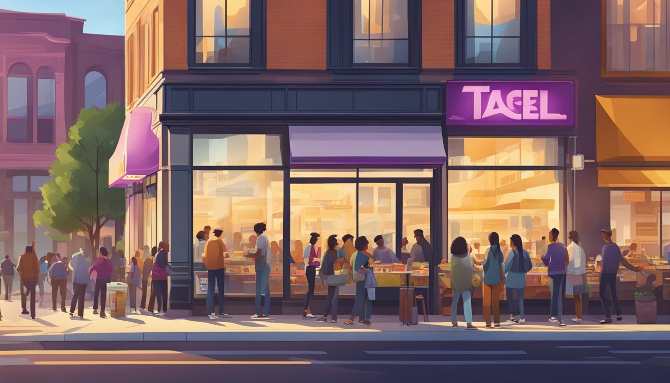 A bustling cityscape with a Taco Bell storefront, morning sunlight, and people lined up for breakfast