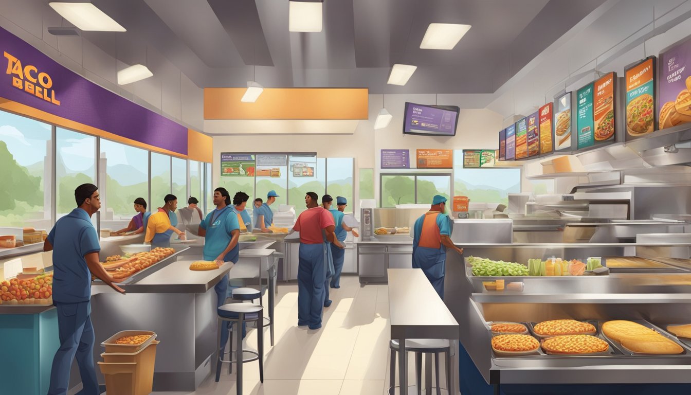 A bustling morning scene at a Taco Bell restaurant, with trucks delivering fresh ingredients and workers preparing breakfast items in the kitchen