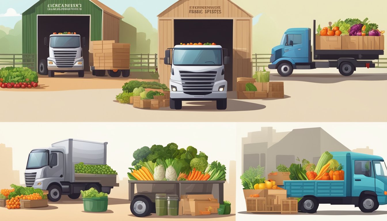 A farmer harvesting fresh vegetables, a truck loading crates, a warehouse storing supplies, and a chef preparing breakfast ingredients