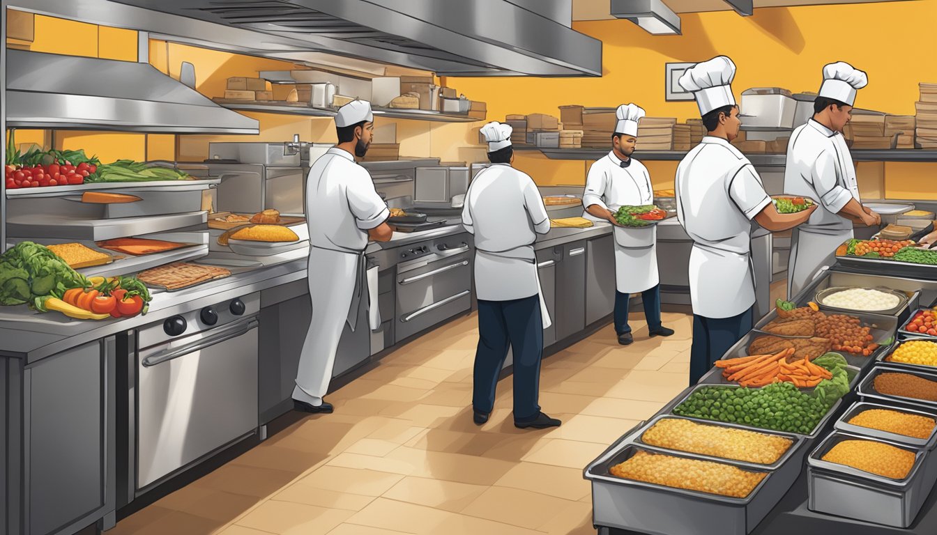 A bustling kitchen with chefs preparing fresh ingredients, crates of produce being unloaded, and a marketing team brainstorming ideas for Taco Bell's breakfast menu