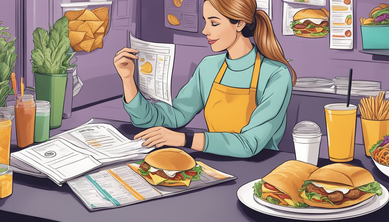 A dietitian examining Taco Bell's breakfast menu, surrounded by nutritional charts and food items