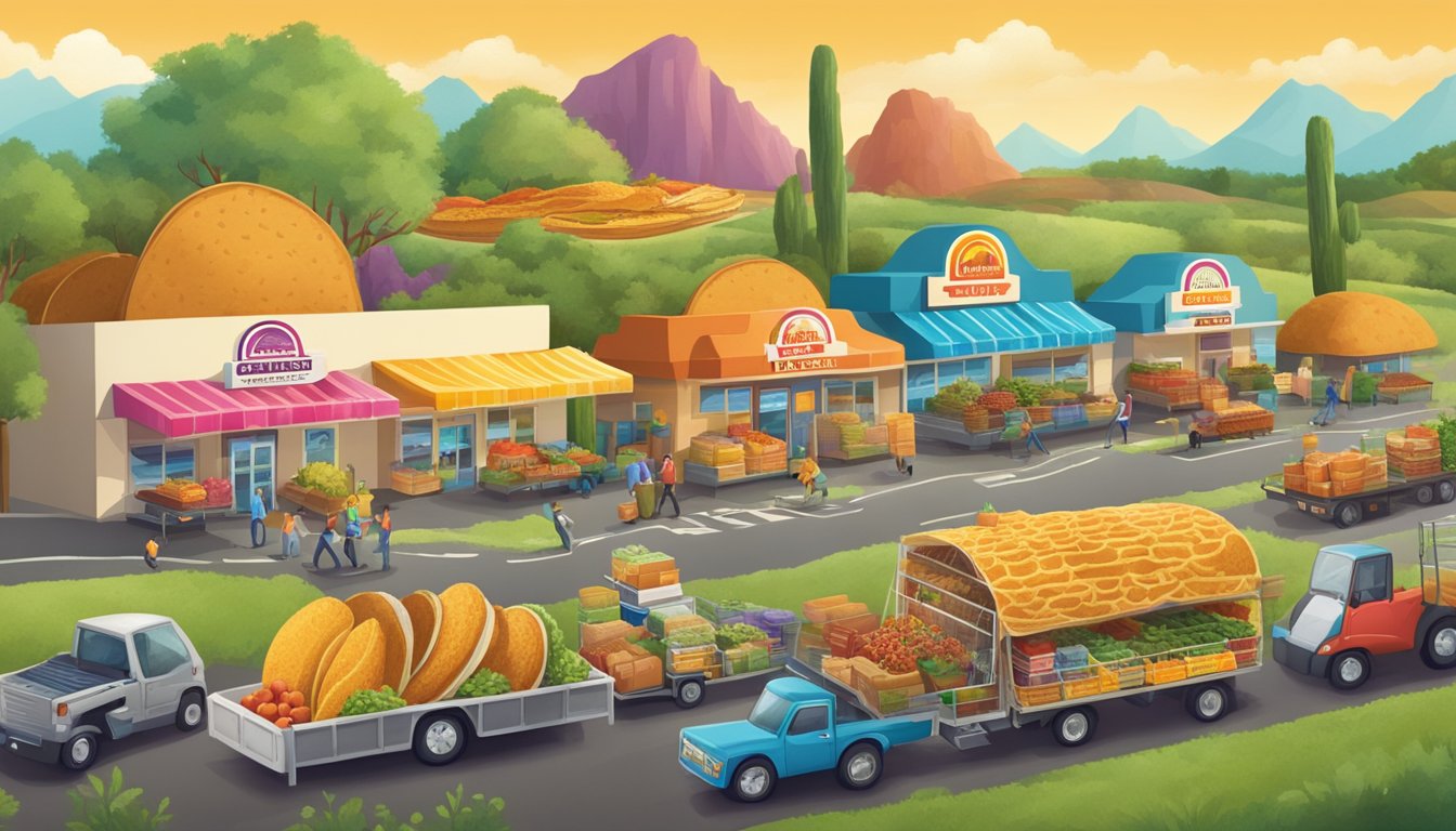 A colorful illustration of a supply chain, with various ingredients being transported from farms to a Taco Bell restaurant for their breakfast menu