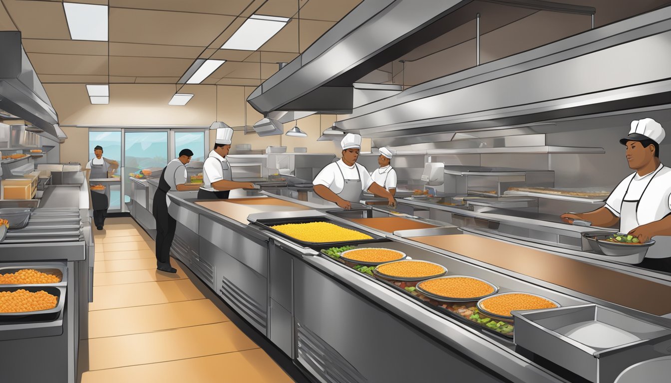 A bustling kitchen with a conveyor belt of fresh produce, eggs, and meat being prepared for Taco Bell's breakfast menu. Staff efficiently coordinate orders and engage with customers