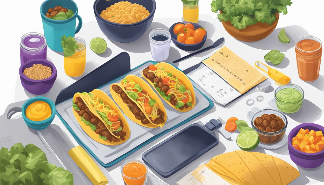 A dietitian examines Taco Bell's breakfast menu, surrounded by measuring cups, fresh produce, and a notepad filled with nutritional calculations