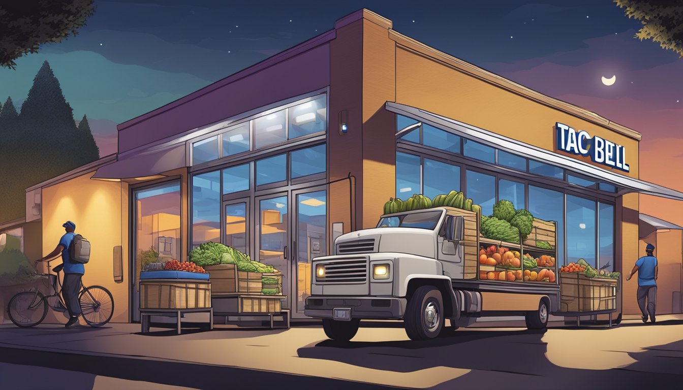 A delivery truck unloading crates of fresh produce and dairy products at a Taco Bell restaurant before dawn