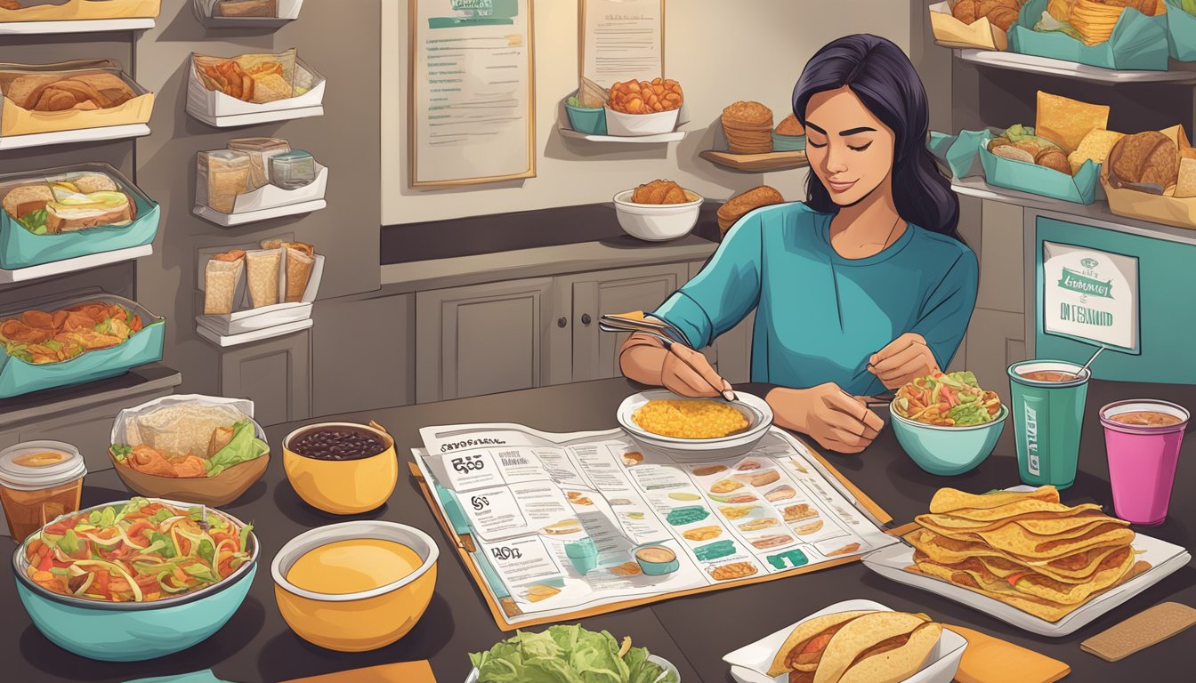 A dietitian examining Taco Bell's breakfast menu, surrounded by nutritional charts and food items