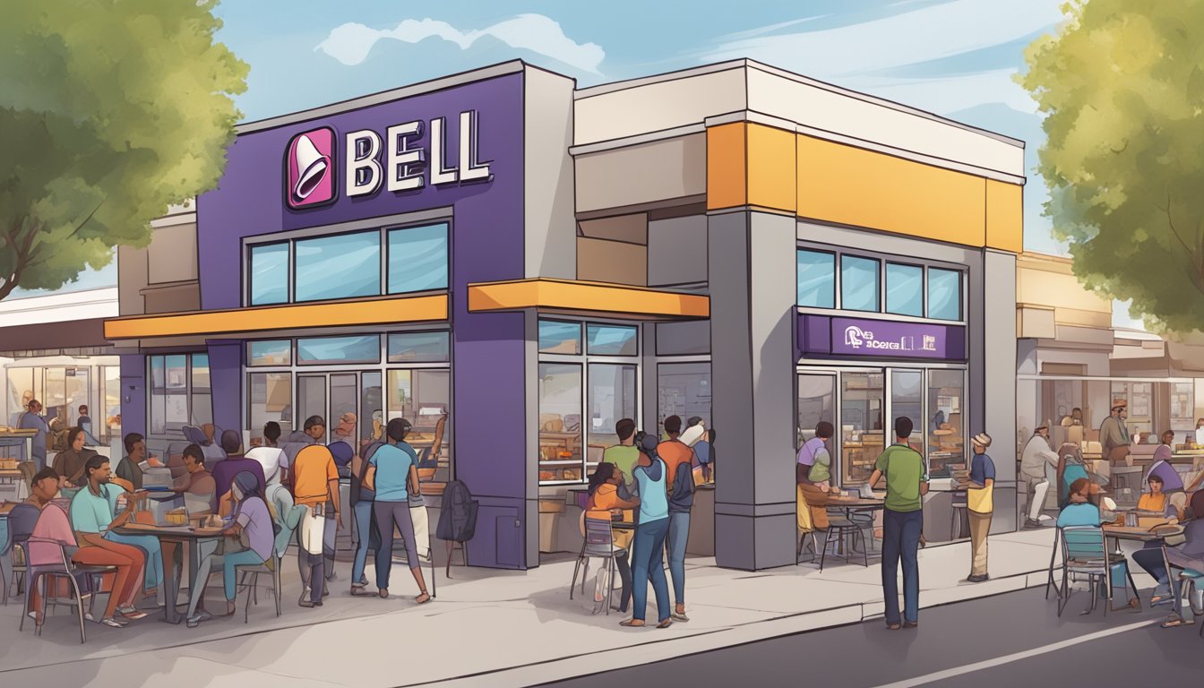 A bustling Taco Bell store surrounded by other businesses, with a mix of people enjoying breakfast items, while workers rush to keep up with demand