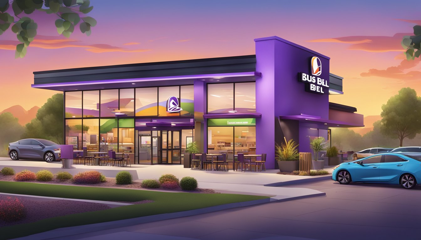 A bustling Taco Bell restaurant at dawn with a modern, inviting exterior and a drive-thru lane, surrounded by a colorful landscape