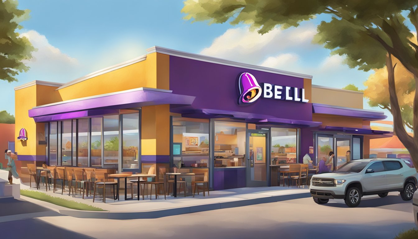 The morning sun illuminates a modern Taco Bell restaurant, with vibrant Mexican-inspired decor and a bustling drive-thru. A breakfast menu is prominently displayed, attracting a diverse crowd of customers