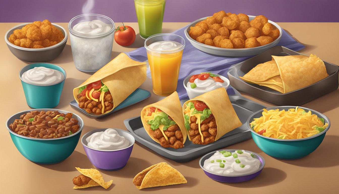 A table set with a variety of Taco Bell breakfast items, including burritos, tacos, and hash browns, with steam rising from the freshly unwrapped food