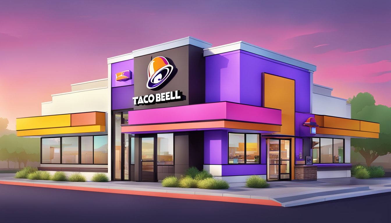 A modern Taco Bell restaurant with sleek architecture and vibrant colors, featuring a breakfast menu and a drive-thru for a fast food experience