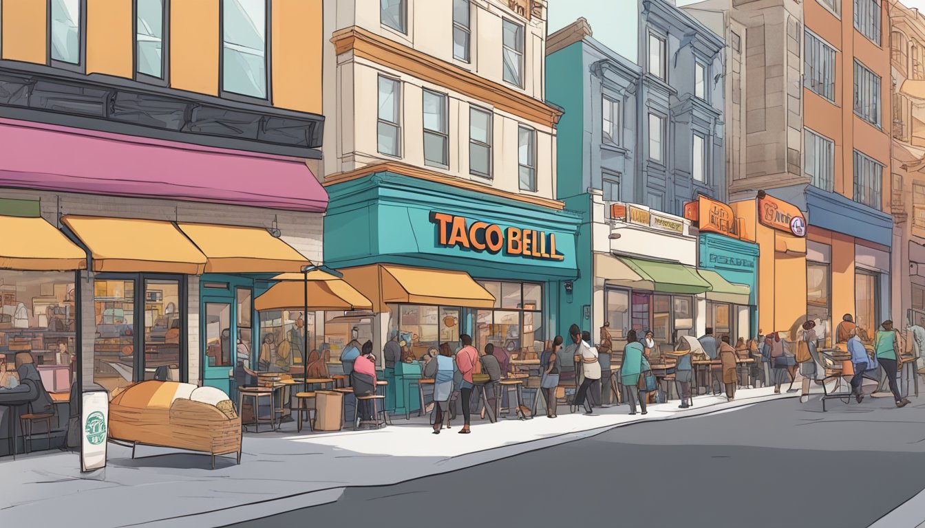 A bustling city street with a Taco Bell storefront, surrounded by small businesses flourishing from increased foot traffic and breakfast customers