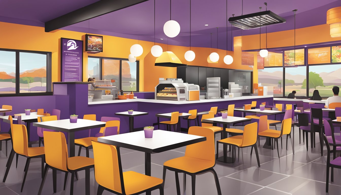 A bustling Taco Bell restaurant with a modern, sleek design. Customers enjoy breakfast items in a vibrant, inviting atmosphere