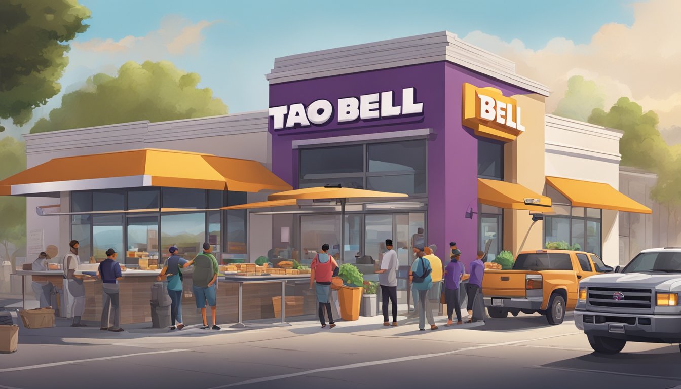 A bustling Taco Bell restaurant with a line of customers, employees preparing breakfast items, and delivery trucks unloading supplies