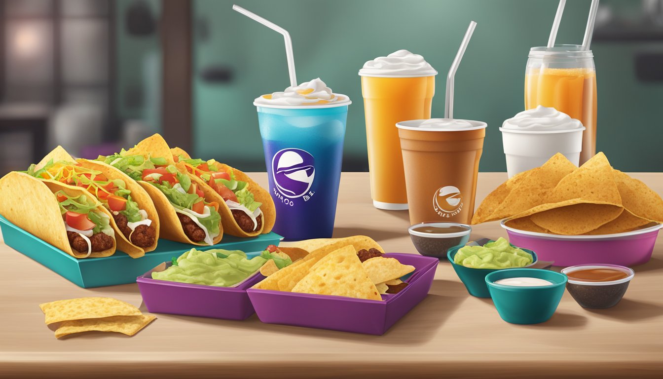 A table set with a variety of Taco Bell breakfast items, accompanied by a selection of beverages in different textures and colors