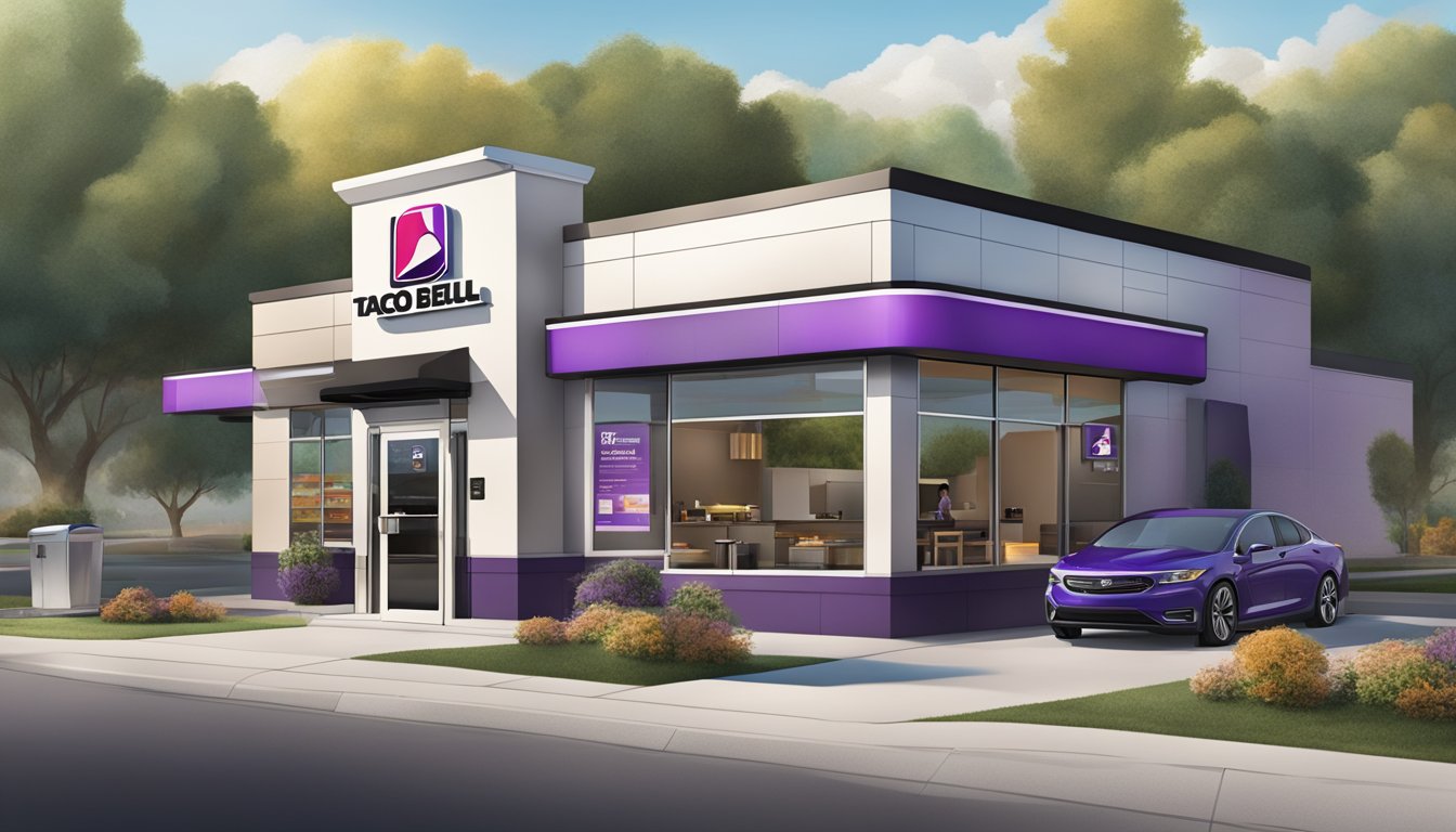 A modern, sleek Taco Bell with a drive-thru and outdoor seating, featuring innovative service and delivery options for their breakfast menu