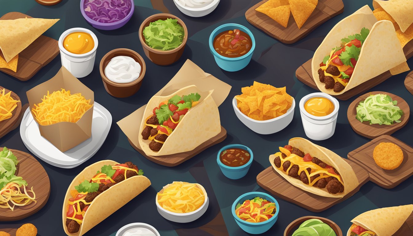 A variety of Taco Bell breakfast items displayed on a wooden table, including burritos, tacos, and hash browns, with vibrant colors and varying textures