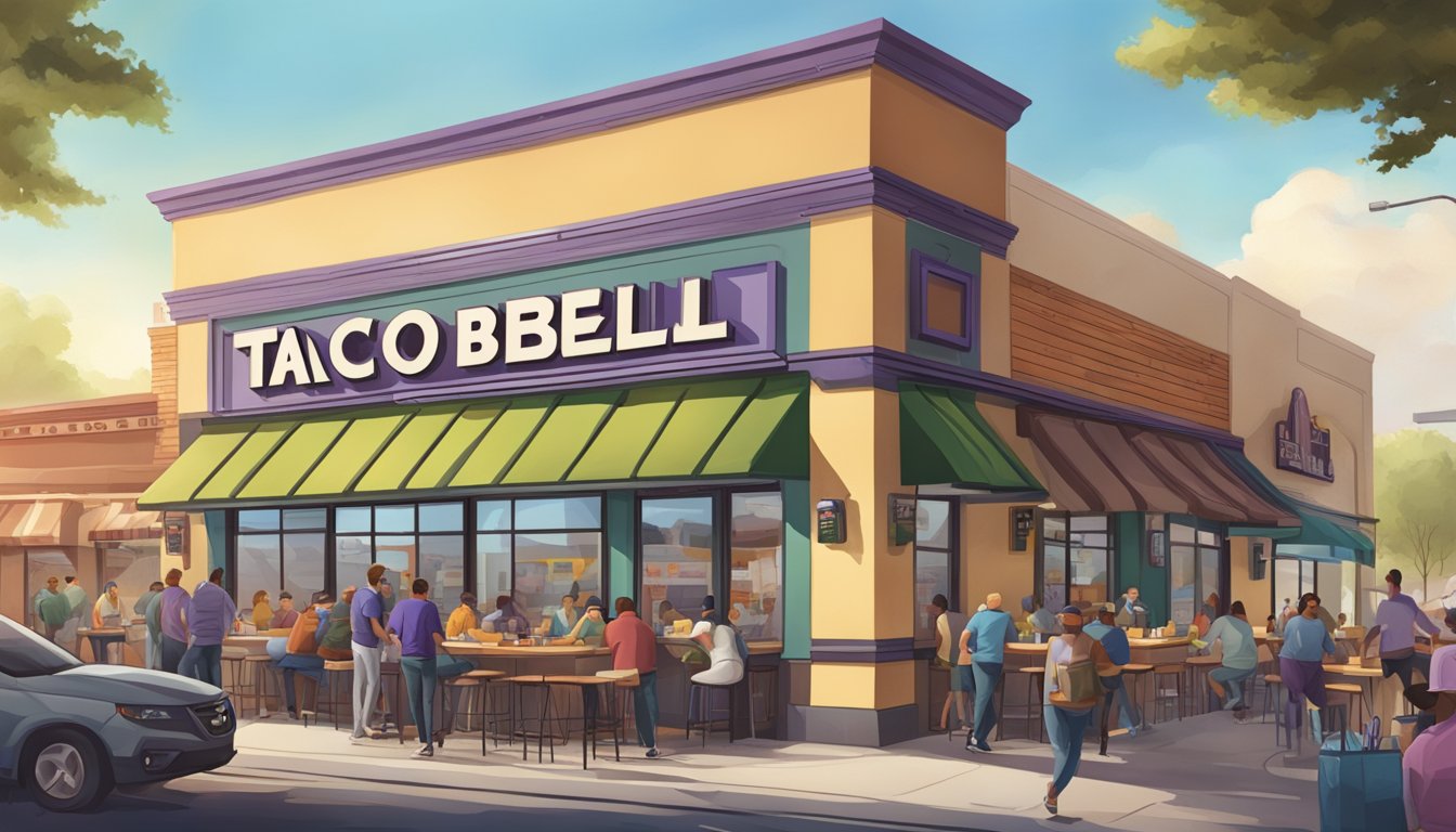 A bustling Taco Bell restaurant surrounded by local businesses and a busy morning crowd