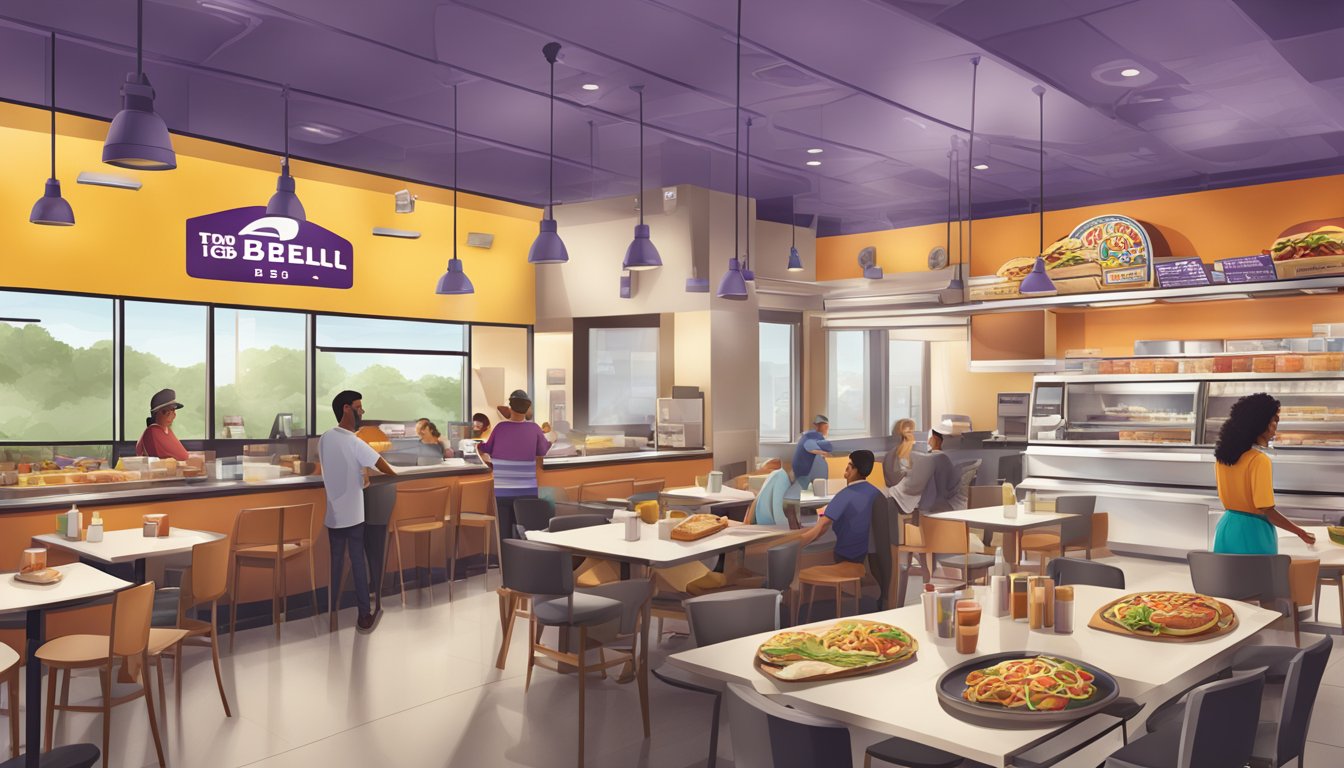 A bustling Taco Bell breakfast scene with modern fast food restaurant design evolution