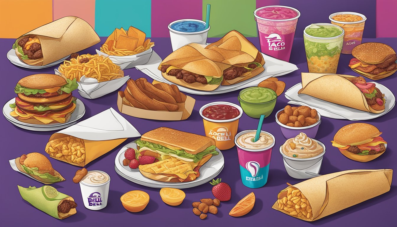 A colorful array of breakfast items from Taco Bell's menu, including unique offerings and limited edition finds, showcasing a variety of textures and flavors