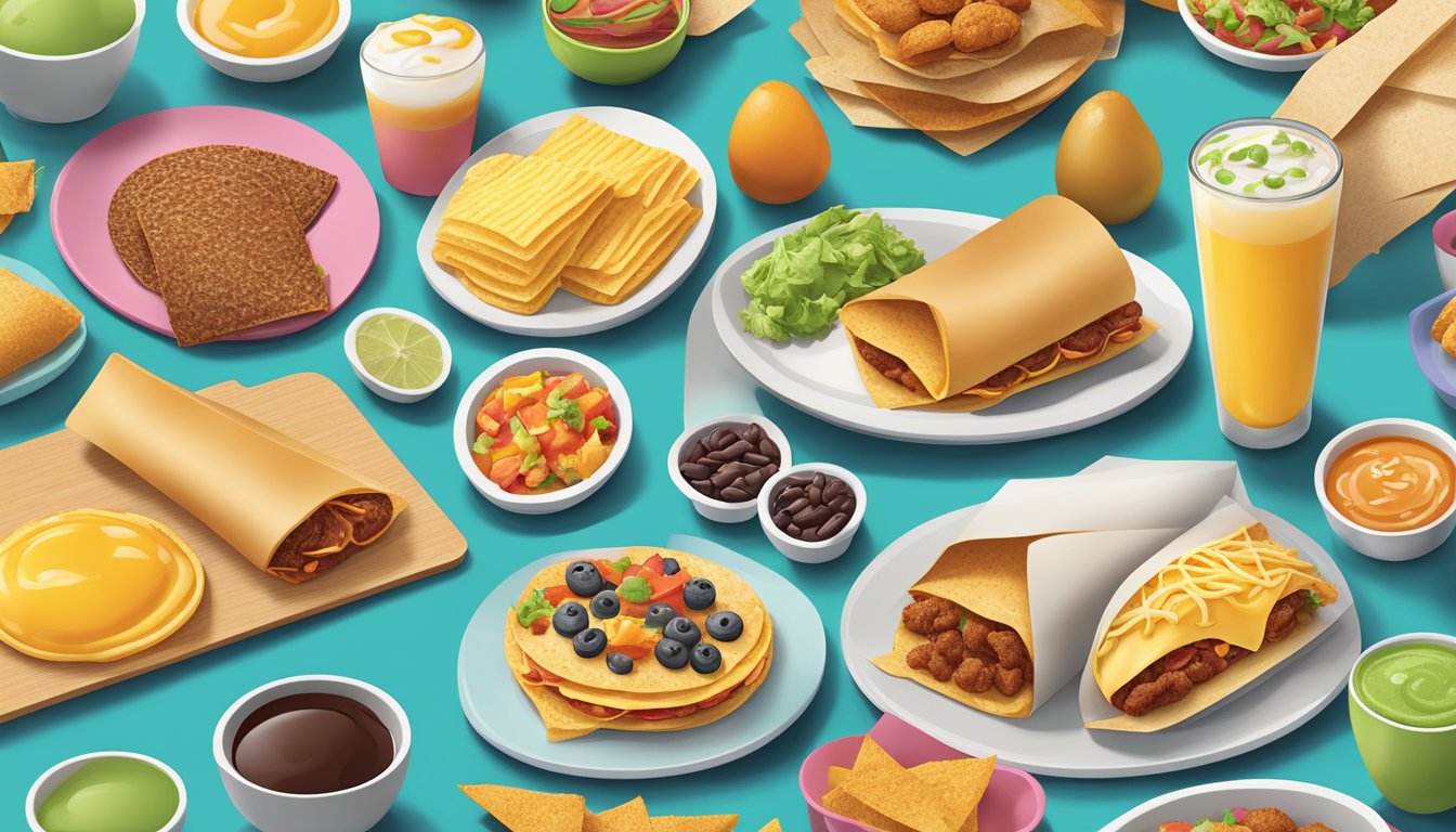 A colorful array of breakfast items from Taco Bell, showcasing a variety of textures and flavors, arranged on a sleek, modern table