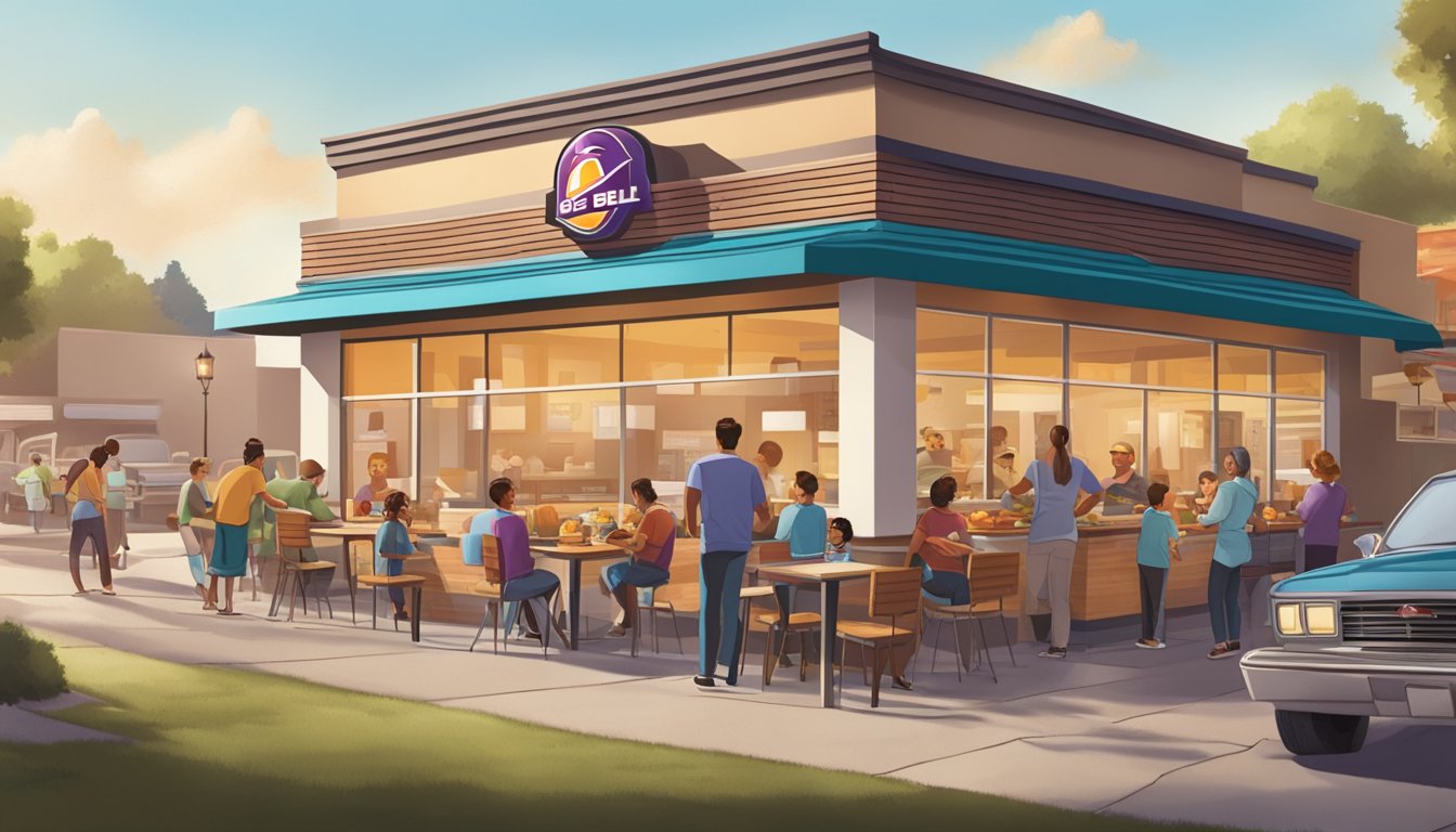 A bustling breakfast scene at Taco Bell, with families enjoying morning meals together, showcasing the fast-food chain's rise in the breakfast market