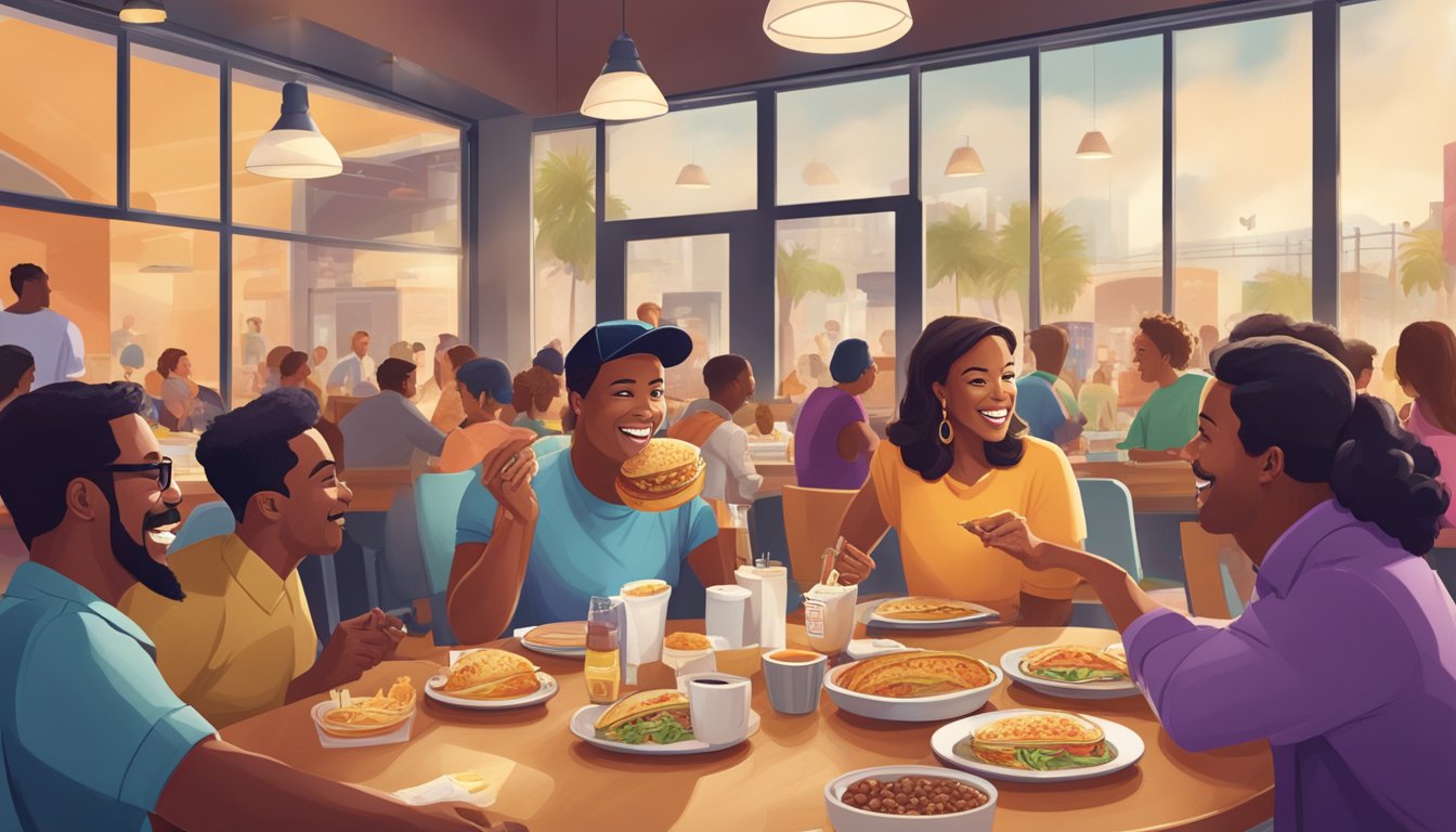 A bustling Taco Bell breakfast scene with a celebrity enjoying a breakfast item, surrounded by happy customers