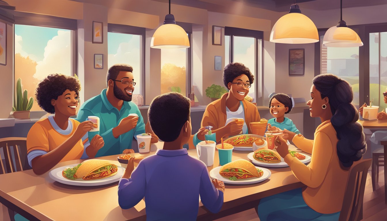 A family sits around a table enjoying Taco Bell's breakfast together, with various morning activities happening around them