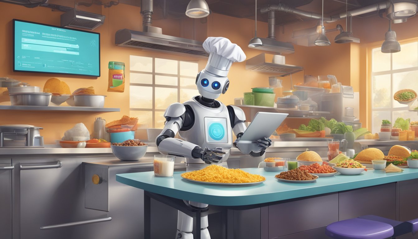 A chef hat-wearing robot uses a digital tablet to analyze customer data while surrounded by breakfast ingredients at a Taco Bell kitchen