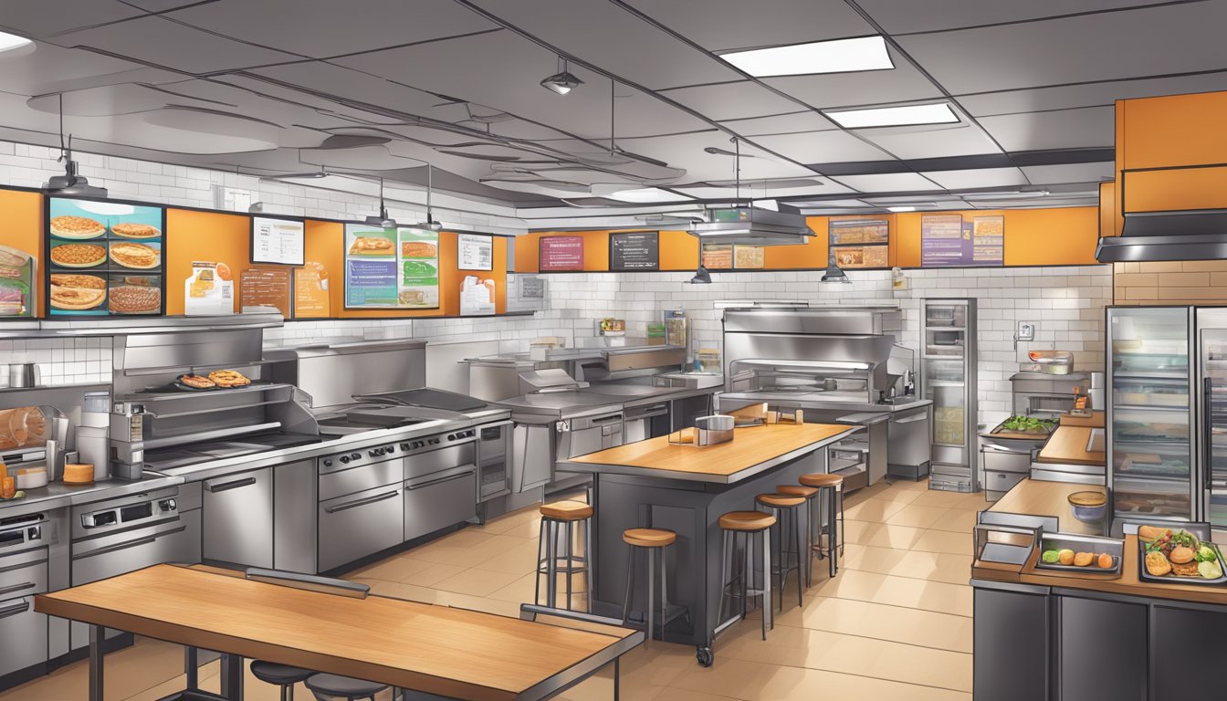 A bustling Taco Bell kitchen with AI technology optimizing breakfast menu items for efficiency