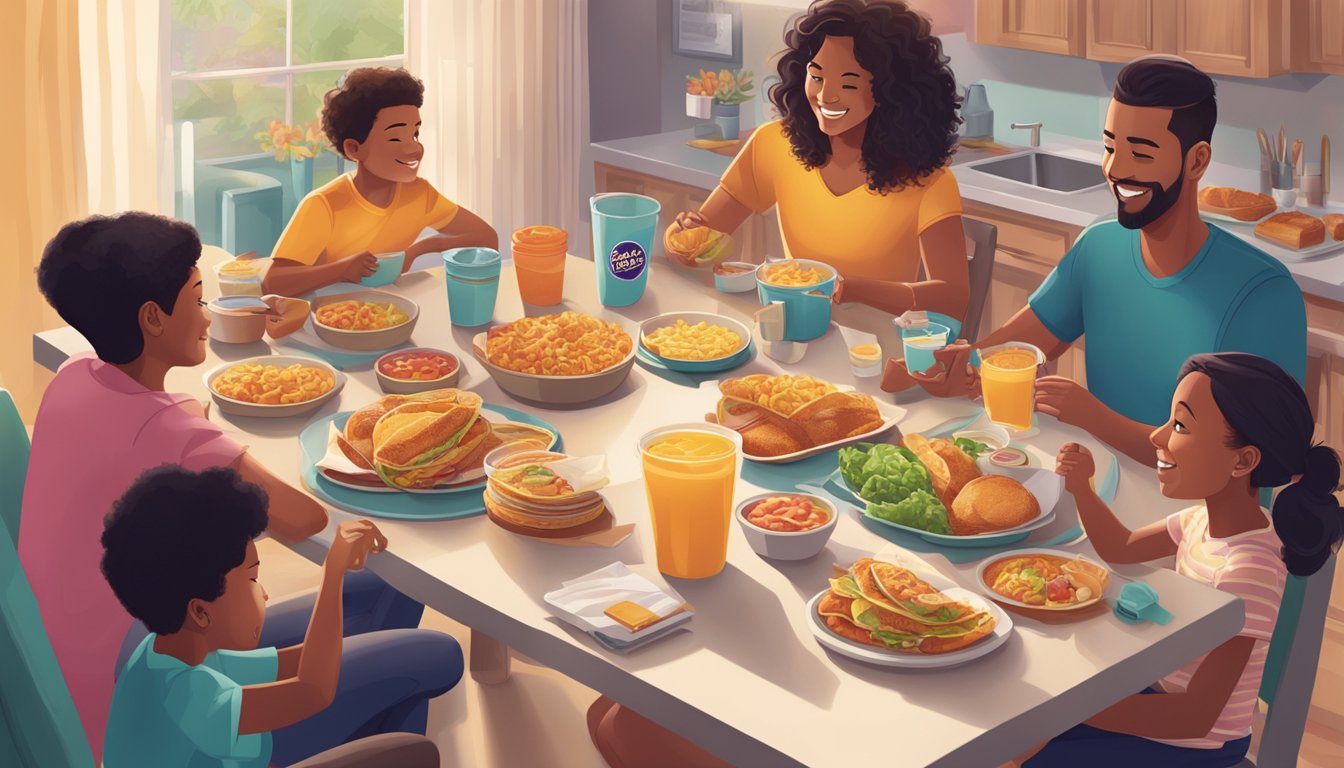 A family gathers around the breakfast table with Taco Bell's breakfast items, showcasing the changing dynamics of morning routines