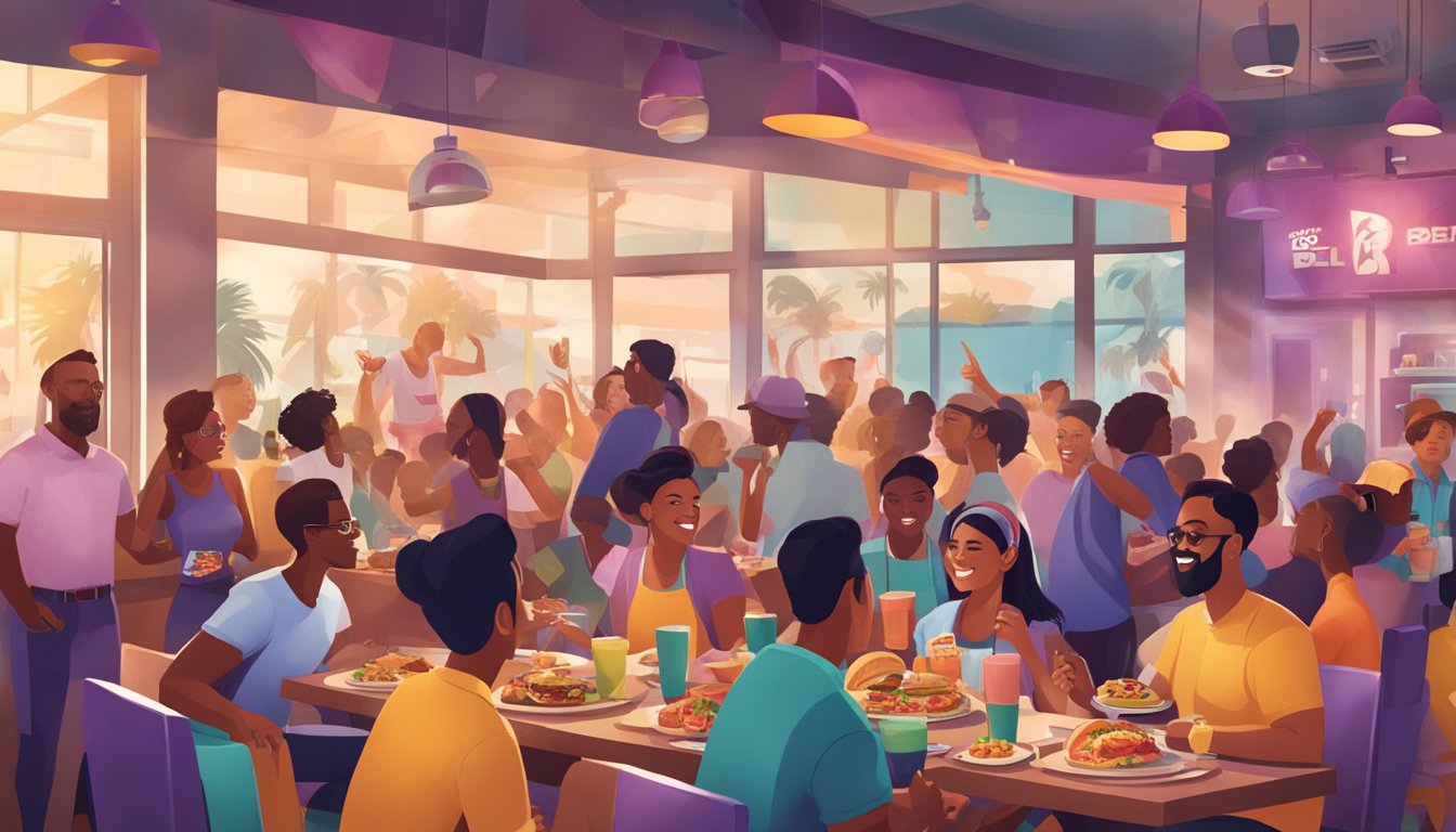 A bustling Taco Bell breakfast launch event with a celebrity endorsing the brand, surrounded by excited customers and a positive, energetic atmosphere