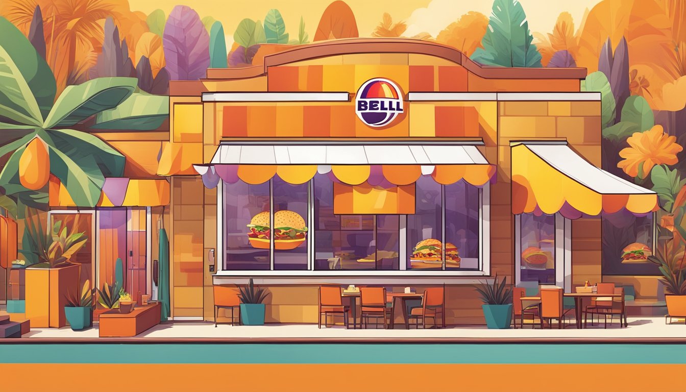 A vibrant scene with warm, energetic colors evoking a sense of morning excitement and energy. The use of orange, yellow, and red creates a dynamic and inviting atmosphere for Taco Bell's breakfast branding and packaging