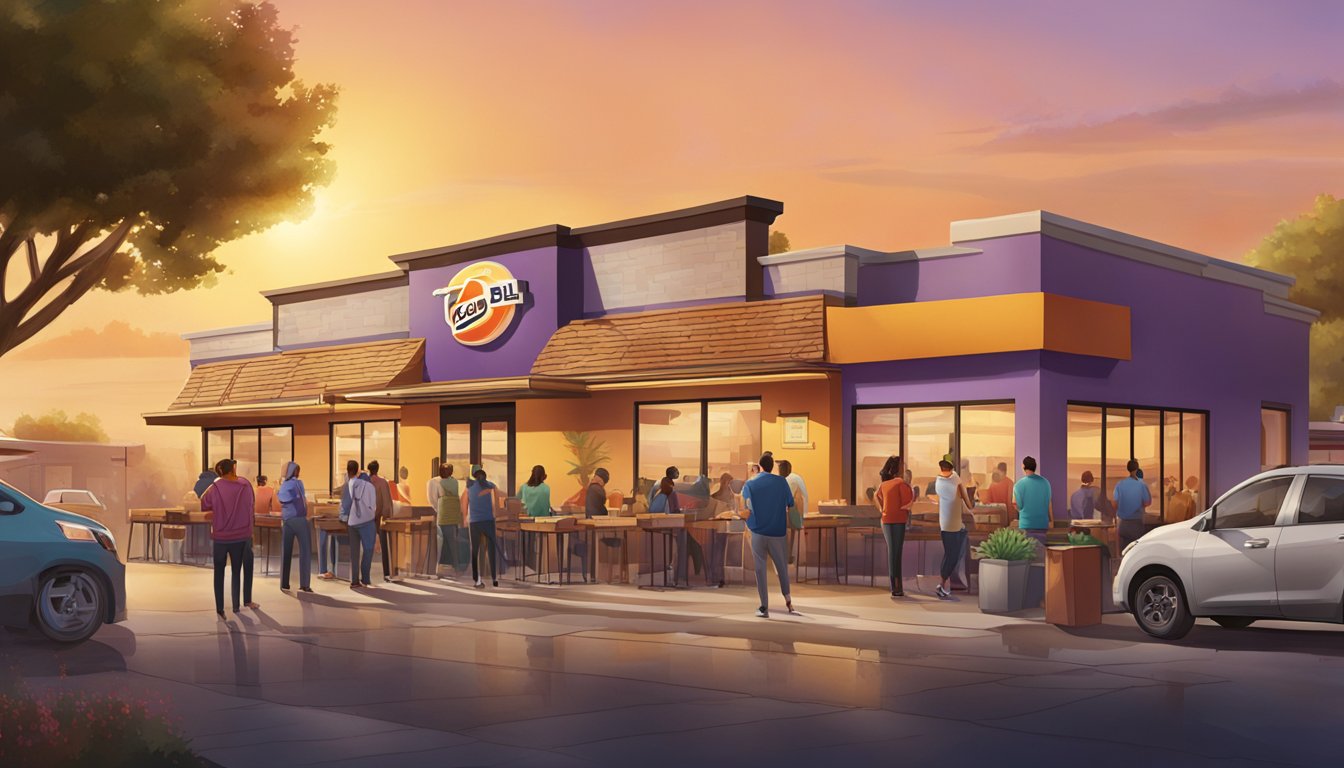 The sun rises over a bustling Taco Bell restaurant, where steam rises from sizzling breakfast items. Aromatic spices fill the air as customers eagerly line up to sample the latest offerings