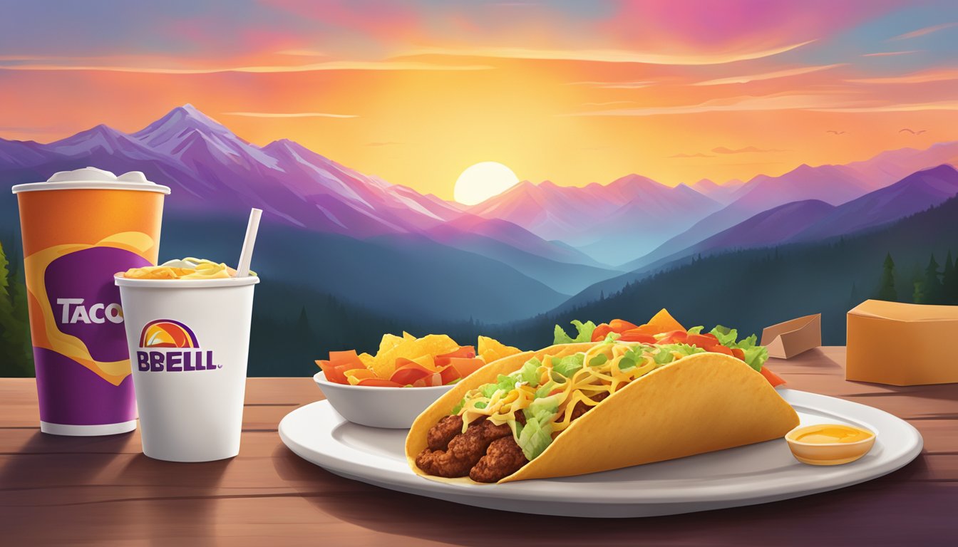 A vibrant sunrise over a mountain landscape, with a Taco Bell breakfast package prominently displayed in the foreground