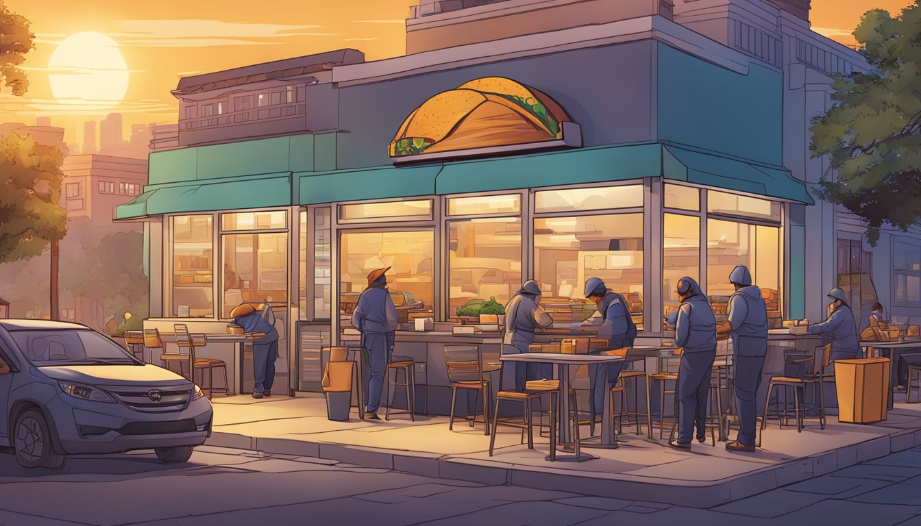 A bustling Taco Bell restaurant at sunrise, with workers prepping breakfast items as the city wakes up behind them