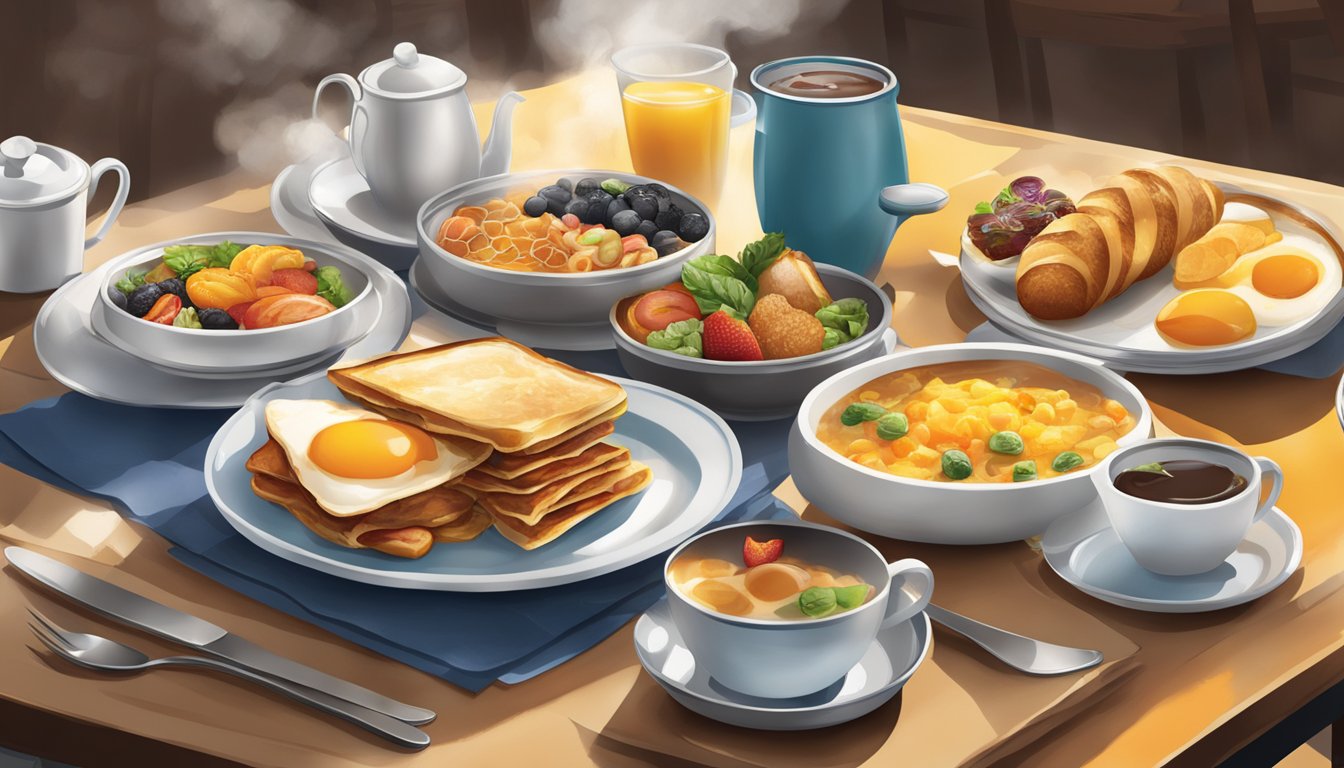 The breakfast menu items are arranged on a table, with steam rising from the hot food. The colors and textures of the various dishes create a visually appealing display