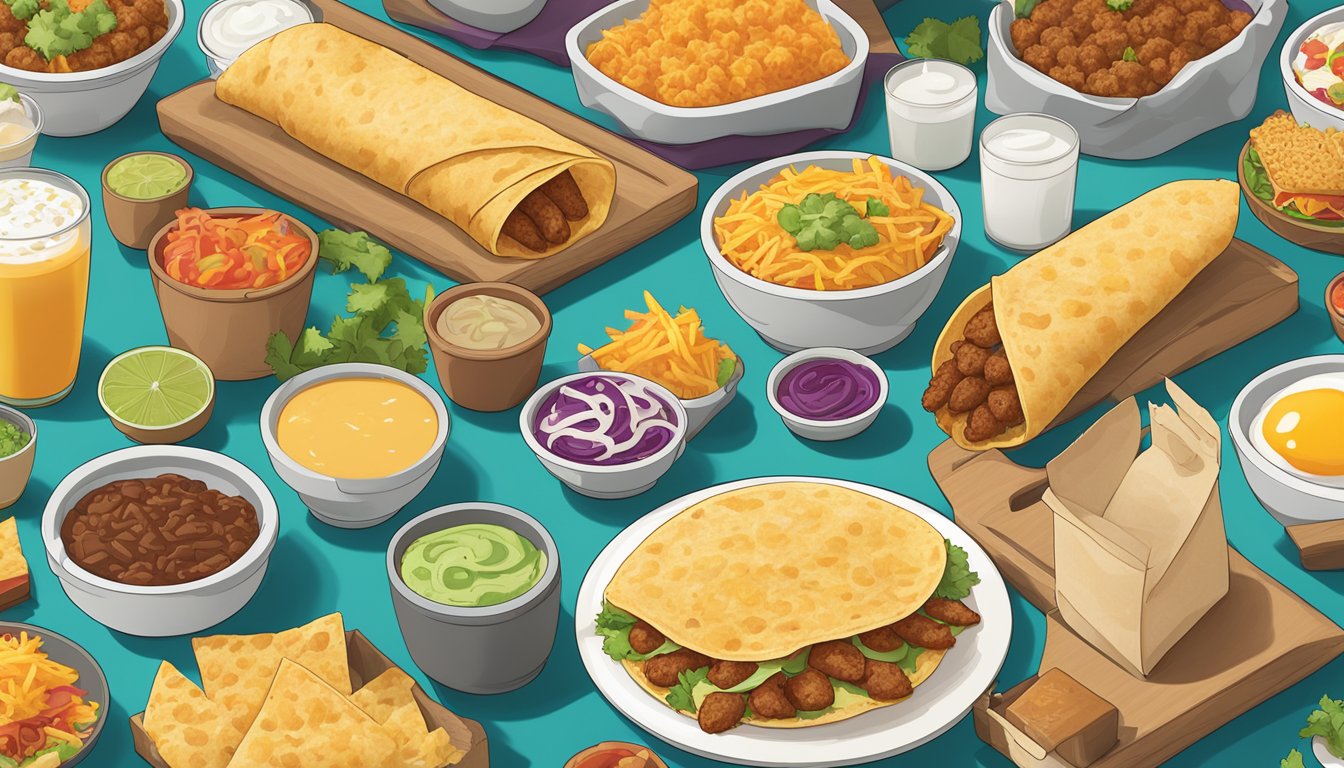 A table set with a variety of Taco Bell breakfast items, including a breakfast burrito, hash browns, and a breakfast crunchwrap, surrounded by the fresh ingredients used to make them