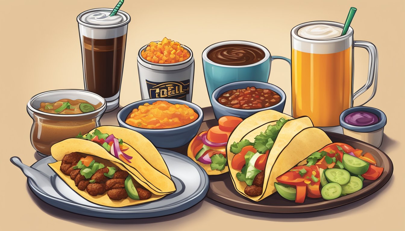 A breakfast spread featuring customizable Taco Bell items with aromatic accompaniments, such as salsa, hot sauce, and freshly brewed coffee