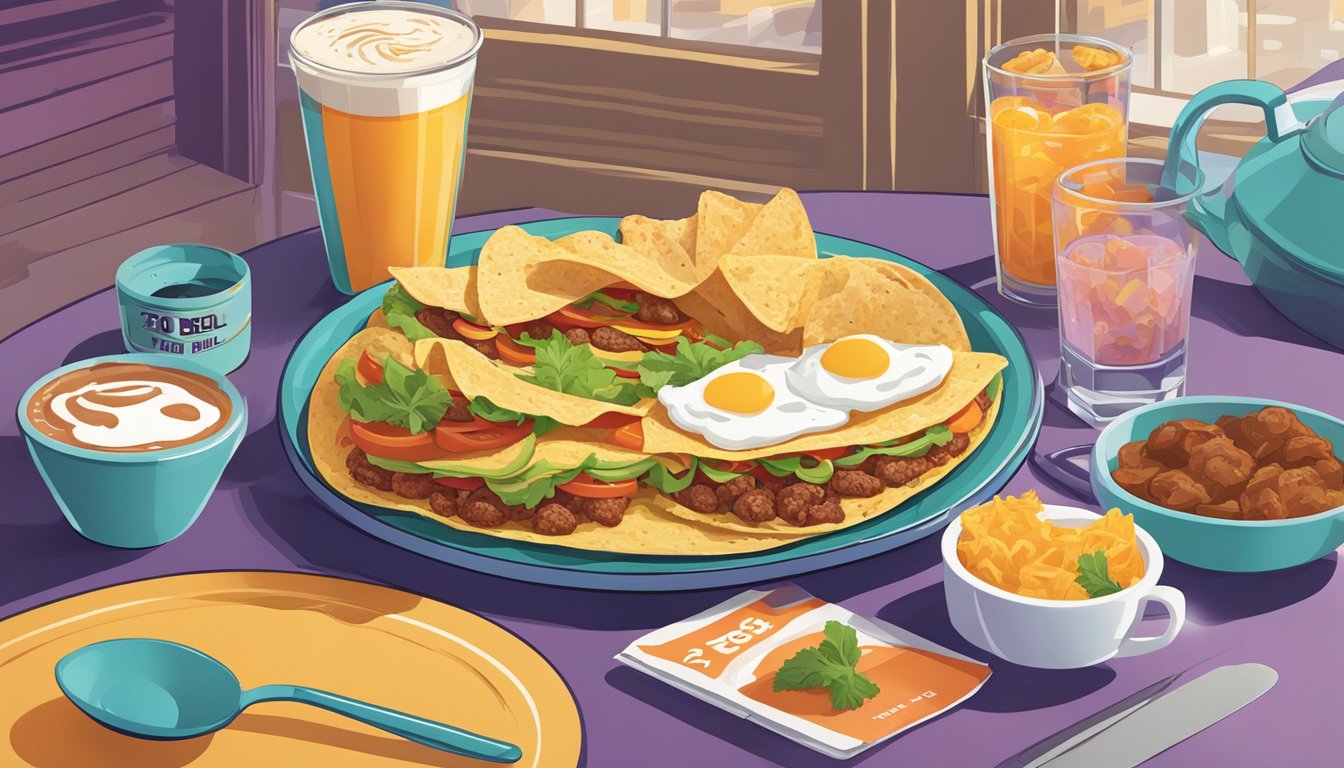 A colorful Taco Bell breakfast spread with various menu items on a table, alongside a clock showing early morning hours