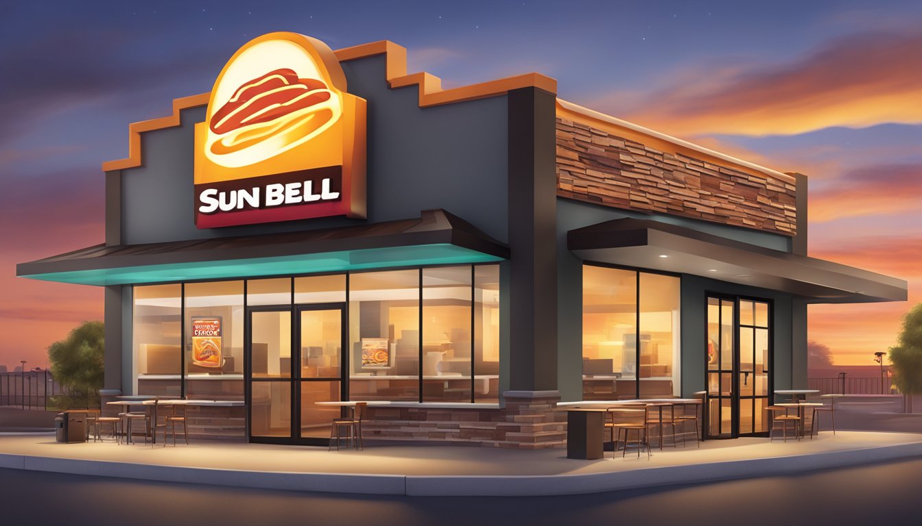 The sun rises over a Taco Bell restaurant, casting a warm glow on the sign and breakfast menu items. The aroma of sizzling bacon and freshly brewed coffee fills the air