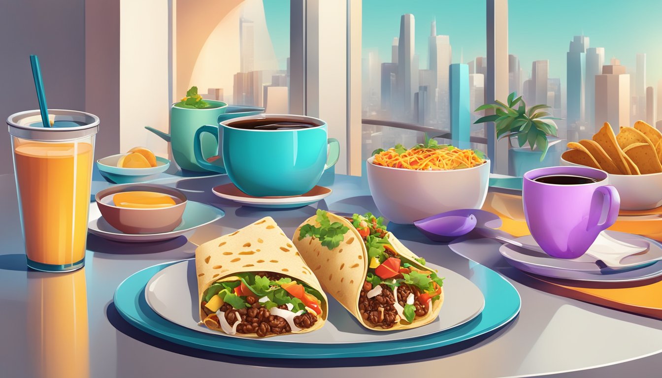 A colorful breakfast spread featuring aromatic tacos, burritos, and coffee on a modern table with trendy decor and futuristic elements