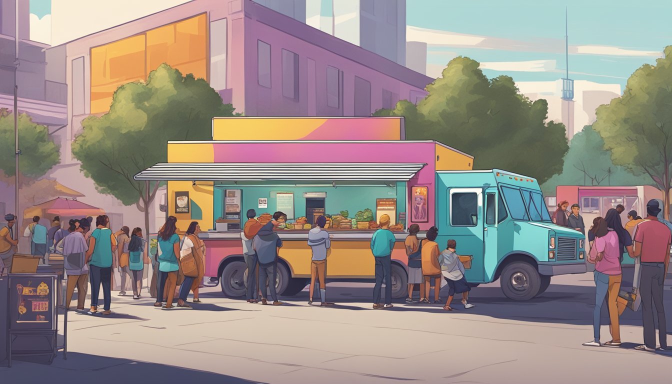 A bustling food truck park with a line of customers eagerly waiting for breakfast tacos, while a Taco Bell billboard looms in the background