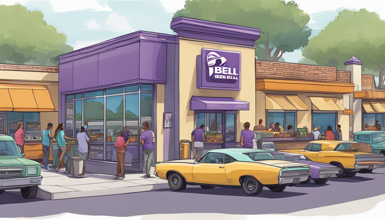 A bustling Taco Bell drive-thru with a line of cars, while nearby food trucks serve breakfast items to eager customers