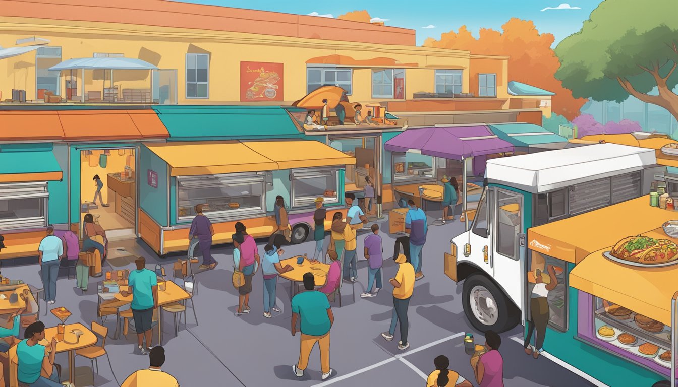 A bustling food truck park with colorful trucks serving breakfast tacos, while a Taco Bell's breakfast menu looms in the background