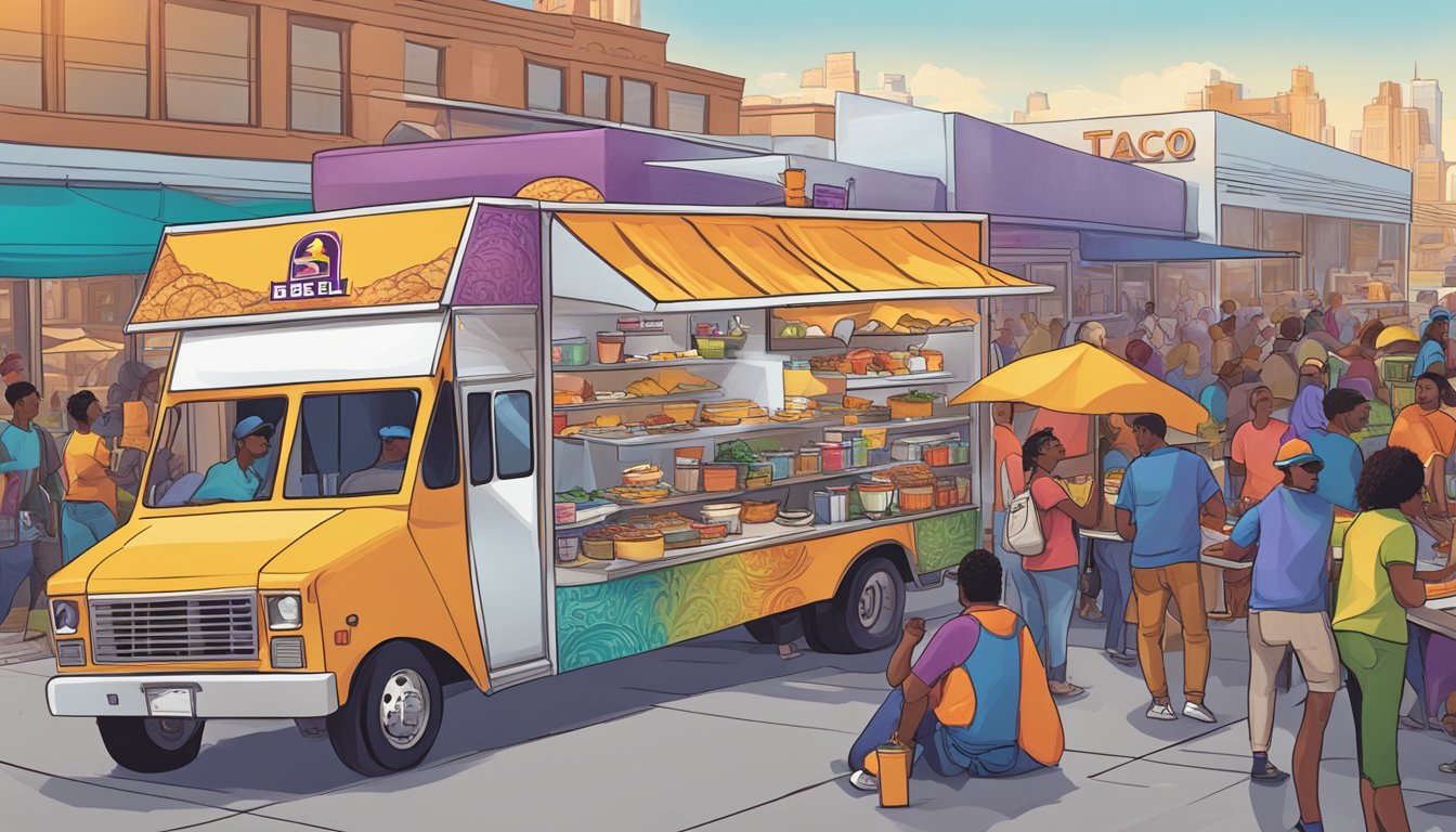 A bustling food truck adorned with Taco Bell's branding serves breakfast to a diverse crowd, while other trucks in the background mimic the color scheme