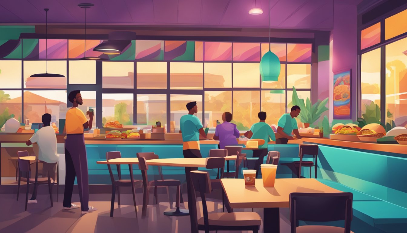 A vibrant morning scene at a Taco Bell restaurant, with sizzling sounds from the kitchen, cheerful music, and the sound of customers enjoying their breakfast