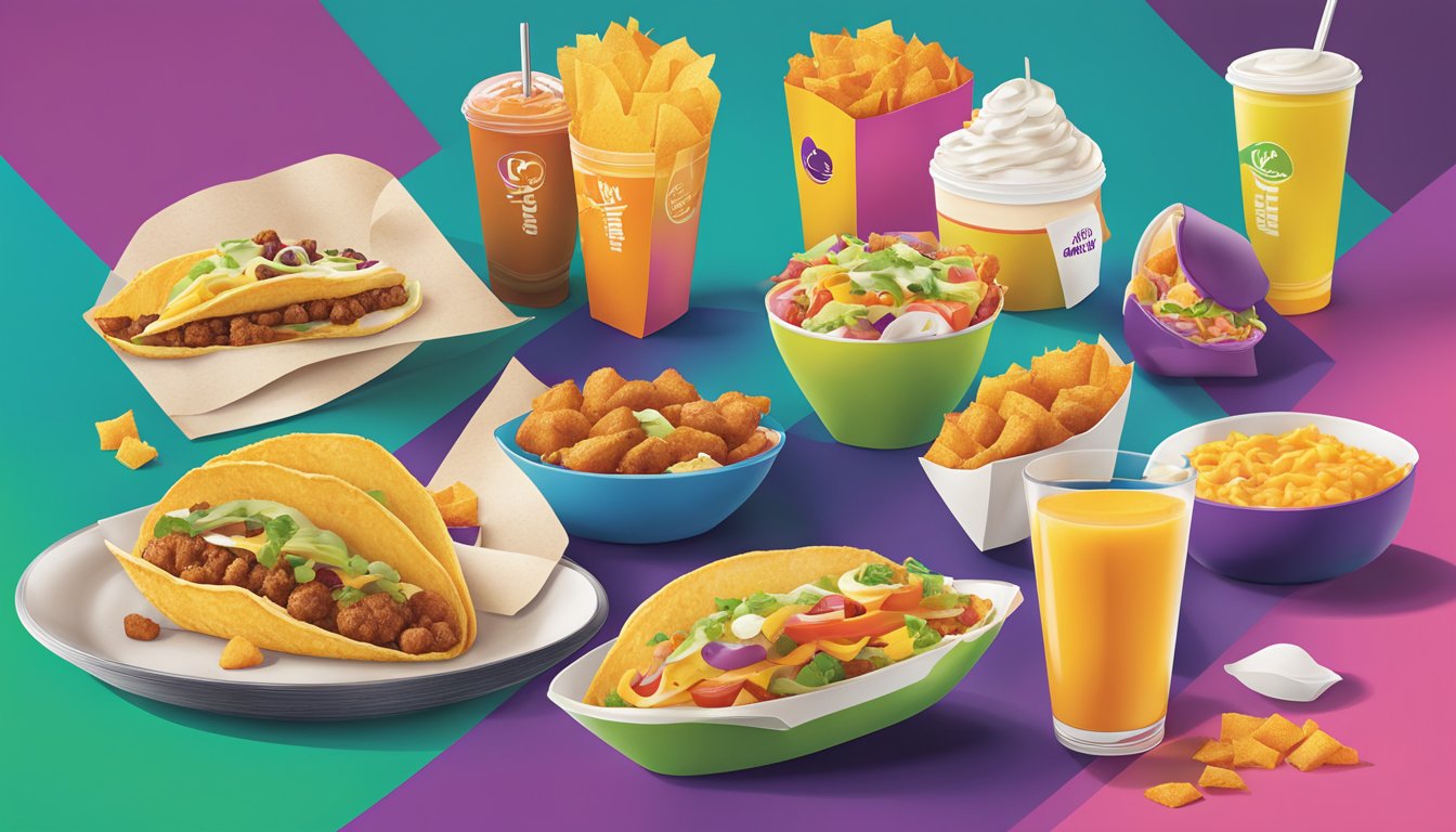 A colorful breakfast menu with bold typography and playful graphic elements, featuring Taco Bell's branding